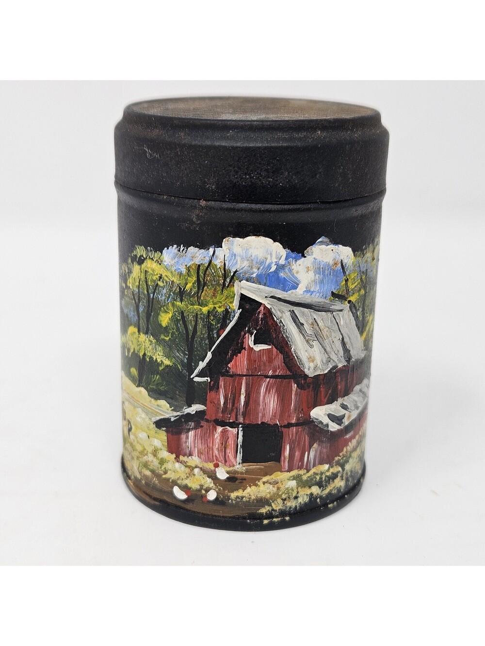 Vintage Handpainted Red Barn On American Quality Snuff Since 1782 Tin Container